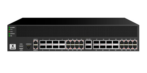 Firewall for mounting in a 19 inch rack with 16 ethernet ports, 16 optical  ports, 2 10G SFP+  ports and network management and control ports. Designed for carrier-class networks. Vector illustration.