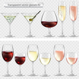 Fototapeta  - Set of transparent vector glass goblets for wine bar. Drinks of wine, brandy, champagne, martini 