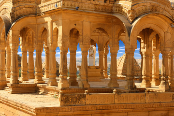 Fototapete - interior architecture of ancient royal cenotaphs and archaeological ruins at Jaisalmer, Bada Bagh, Rajasthan, India 