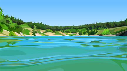 summer landscape of blue lake with wooded shore