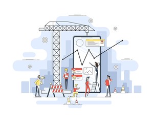 thin line flat design of mobile app construction site, smartphone user interface building process, a