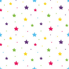 Cute Cartoon Style Stars And Dots Seamless Pattern Background For Kids, Children Design.