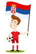 Cartoon football player for Serbia holding Serbian flag