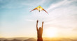 © Soloviova Liudmyla - Man starting to fly bright kite in sunset sky over the high mountain. Successful startup concept image.