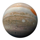 Fototapeta  - Full disk of planet Jupiter globe from space isolated on white background. View of Jupiter's Great Red Spot and turbulent southern hemisphere. Elements of this image furnished by NASA.