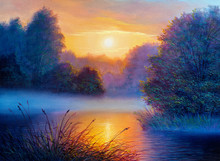 Morning Landscape With Tree And River. Oil Painting Forest Landscape.