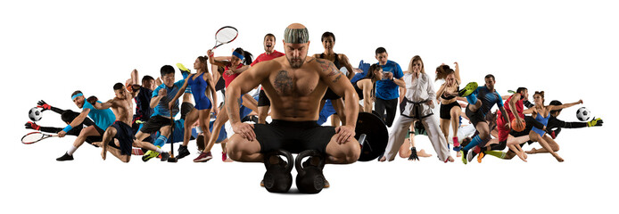 Wall Mural - Sport collage. Tennis, soccer, taekwondo, fitness, bodybuilding, fighter and basketball players