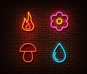 Wall Mural - Neons fire, flower, mushroom, water drop sign