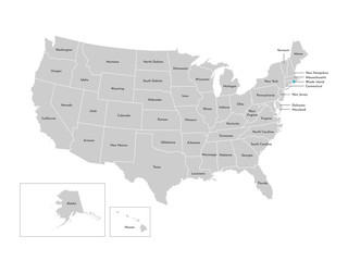 Vector isolated illustration of simplified administrative map of the USA. Borders of the states with names. Blue silhouette of Rhode Island (state)