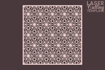 Laser cut cabinet fretwork perforated panel template with pattern in japanese kumiko style. Geometric hexagon ornamental panel, rate 1:1. Metal, paper or wood carving. Outdoor screen.