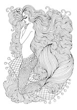 JPEG Drawing Fantastic Sea Mermaid With Water Lily In Long Wavy Hair On The Web. Ornamental Decorated Graphic Illustration Mermaid Tattoo. Coloring Page Sea Nymph Fairy Tale Characters Print T-shirt 
