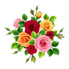Vector Bouquet With Red, Pink, Orange And Yellow Roses Isolated On A White Background.
