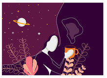 Vector Illustration Of Cute Girl Drinking Coffee Or Tea At Night. Space, Stars And Planets  In Dreams And Thoughts. Imagination Concept. Violet Colors