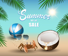 Summer Banner For Promoting Sale, Relaxing On The Beach Sand, Coconut, Ball, Crab, Sunglasses, Palm Tree Leaves In The Background Of The Ocean. Vector Illustration.