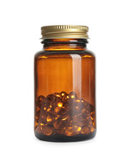Bottle With Cod Liver Oil Capsules On White Background