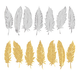 Sticker - Set of gold and silver feather. Vector illustration. EPS 10.