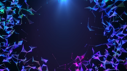 Wall Mural - Poligonal neon background border. Abstract triangular technology network connections. Plexus geometric motion design frame. VJ backdrop for presentation or intro. 3D render