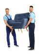 © New Africa - Portrait of moving service employees with armchair on white background