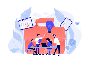 Sticker - Business team work together with laptops and light bulb. Collaboration, collaborative problem solving and partnership concept on white background. Coral pink palette vector isolated illustration.