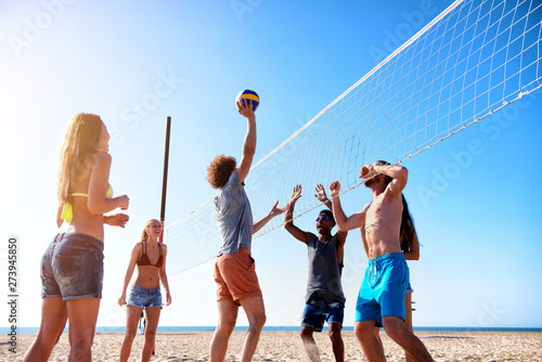 Fototapety piłka plażowa  grupa-przyjaciol-grajaca-w-siatkowke-plazowa-na-plazy