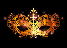 Carnival Mask Icon Gold Silhouette Isolated On Black Background. Laser Cut Mask With Venetian Embroidery Floral Decoration. Golden Shiny Luxury Vector Illustration Design