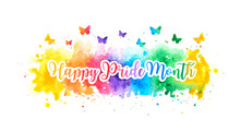 LGBT Happy Pride Month Banner With Colorful Rainbow Watercolor Splash And Butterflies. Vector Illustration