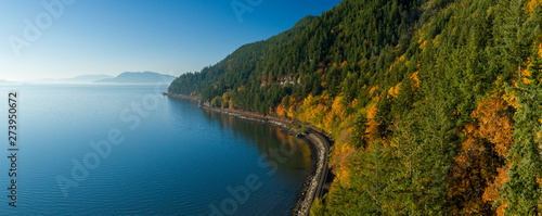 Fotografía Samish Bay WA Chuckanut Drive Aerial Sunny Autumn Day Train Tracks Along Water C
