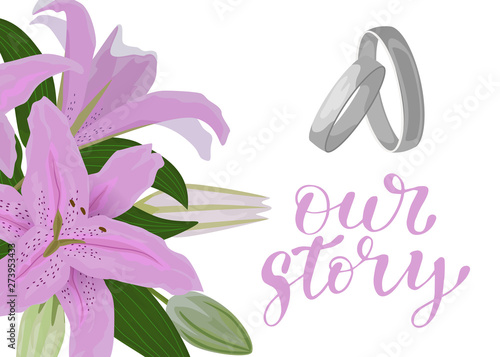 Pink lily greeting or invitation card template design. Summer flowers with bl...