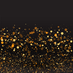 Luxury golden sparkle background, glitter magic glowing. Black and gold vector luminous dust with bokeh