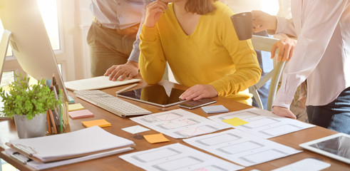 Graphic designer UI UX creative sketch planning application prototype wireframe for web and mobile phone