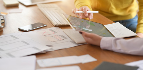 Graphic designer UI UX creative sketch planning application prototype wireframe for web and mobile phone