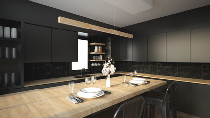 Modern kitchen interior with furniture.3d rendering