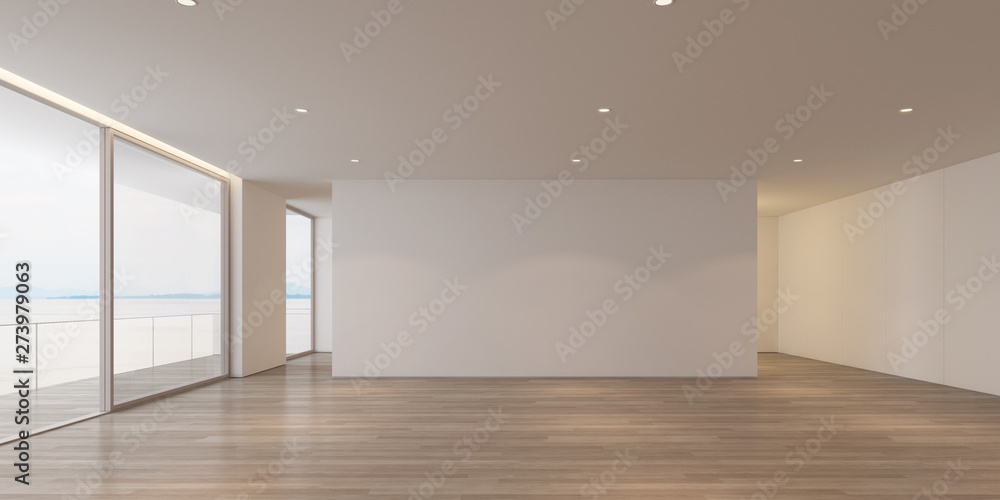 3D rendering of white  luxury empty room and wood floor on sea view background with sun light cast shadow on the wall,Perspective of minimal architecture. - obrazy, fototapety, plakaty 