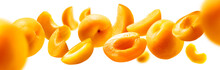 Apricots Levitate On A White Background. Ripe Fruit In Flight