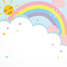 Background Illustration Of Clouds And Rainbow, Smiling Sun