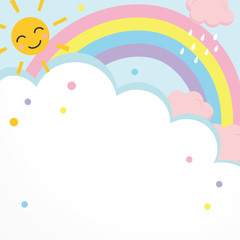 Background illustration of clouds and rainbow, smiling sun