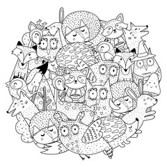 Fantasy forest animals circle shape coloring page. Black and white print