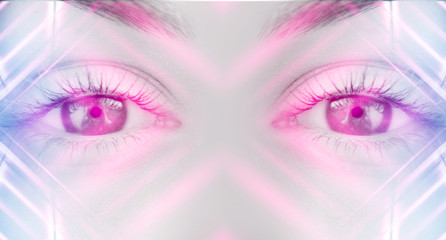 Wall Mural - Eyes of   female on a bright abstract background with holograms