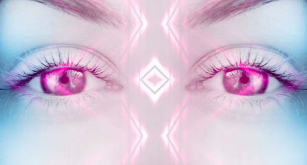 Wall Mural - Eyes of   female on a bright abstract background with holograms