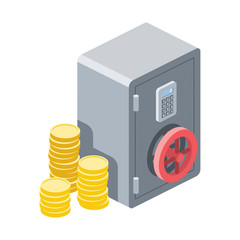 Safe strongbox coins money. Vector 3d isometric color icon new flat style. Creative illustration, idea for infographics.