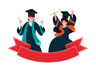 Poster - young couple students graduated celebrating with ribbon