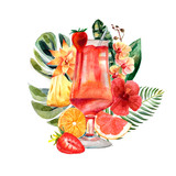 Fototapeta Mapy - Watercolor tropical illustration with summer cocktail, fruits and flowers