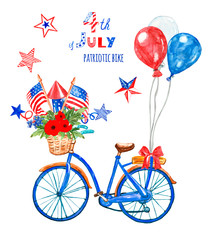 Wall Mural - 4th of july patriotic bicycle. Watercolor blue bike with US flags, red, white and blue balloons and poppy, isolated. Holiday card.