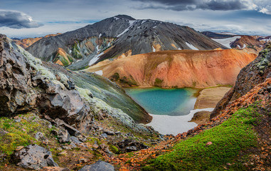 Panoramic view of colorful rhyolite volcanic mountains Landmannalaugar as pure wilderness in Iceland and a hidden highland lake, Iceland