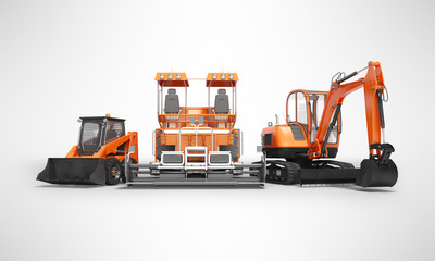 Group of orange heavy machinery bobcat excavator paver with bucket 3d render on gray background with shadow