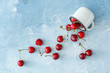 © Pixel-Shot - Overturned mug with sweet ripe cherry on color background
