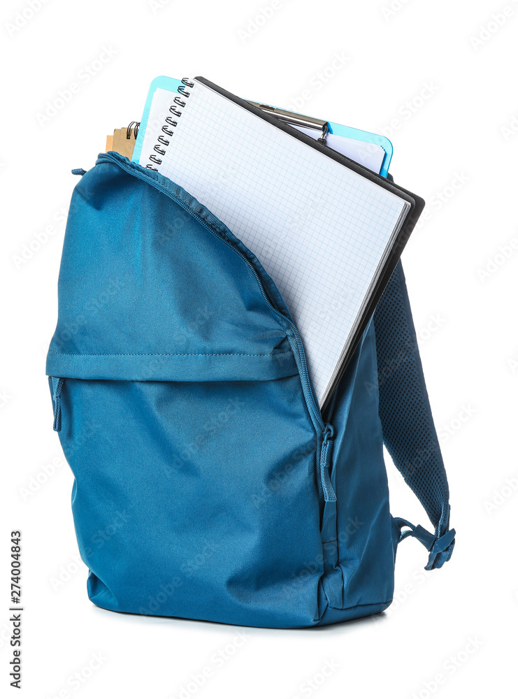 School backpack with stationery on white background