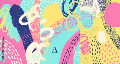 Creative doodle art header with different shapes and textures. Collage. Vector