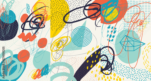 Creative doodle art header with different shapes and textures. Collage. Vector