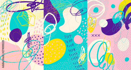 Creative doodle art header with different shapes and textures. Collage. Vector